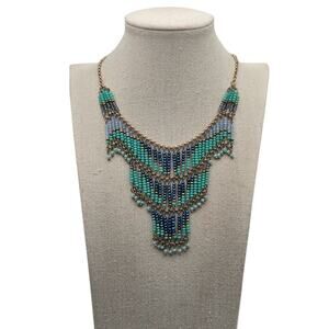 Vintage Multicolor Beaded Fringe Necklace – Turquoise, Blue, Gold & Silver